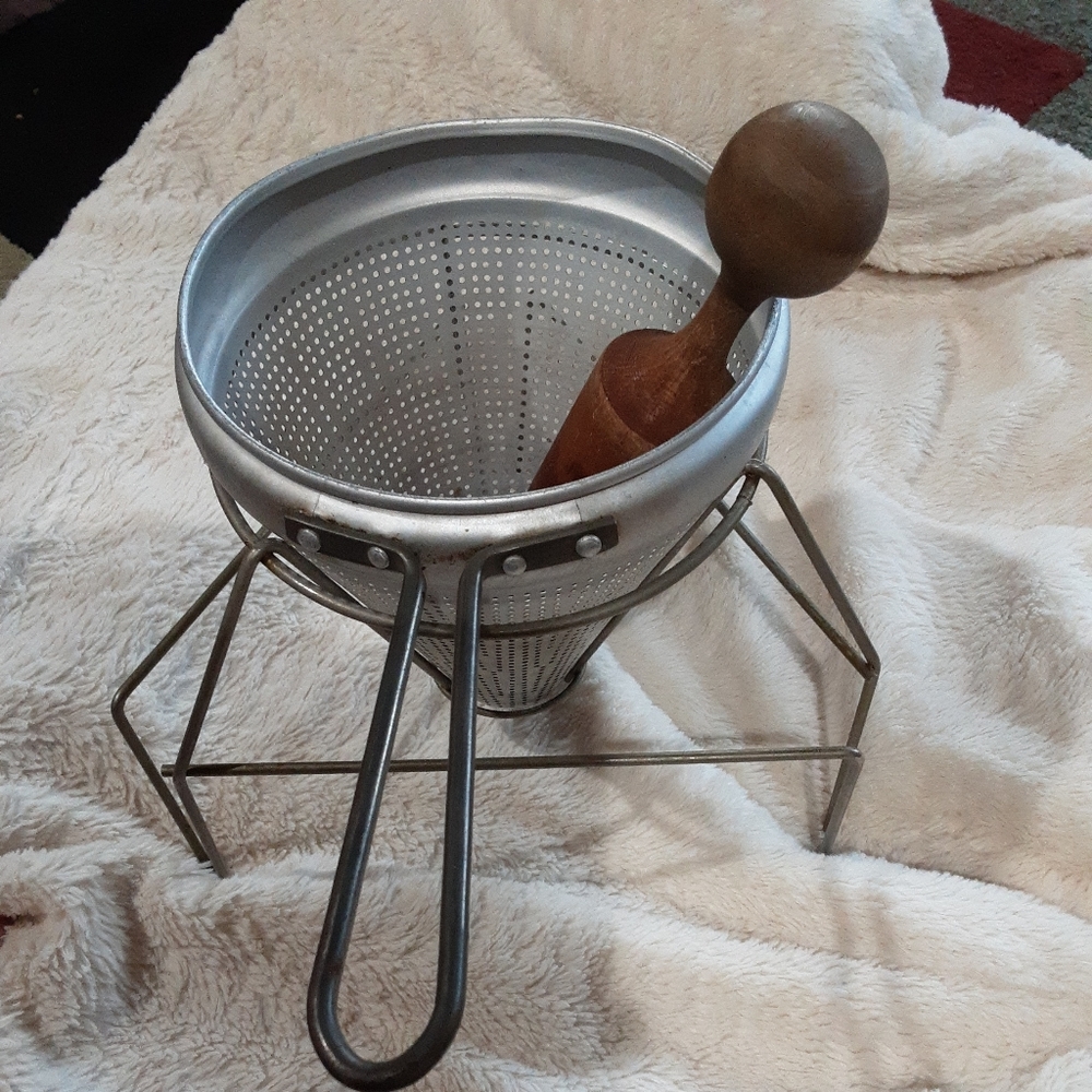 VINTAGE ALUMINUM CONE FOOD STRAINER WITH STAND AND WOOD MASHER